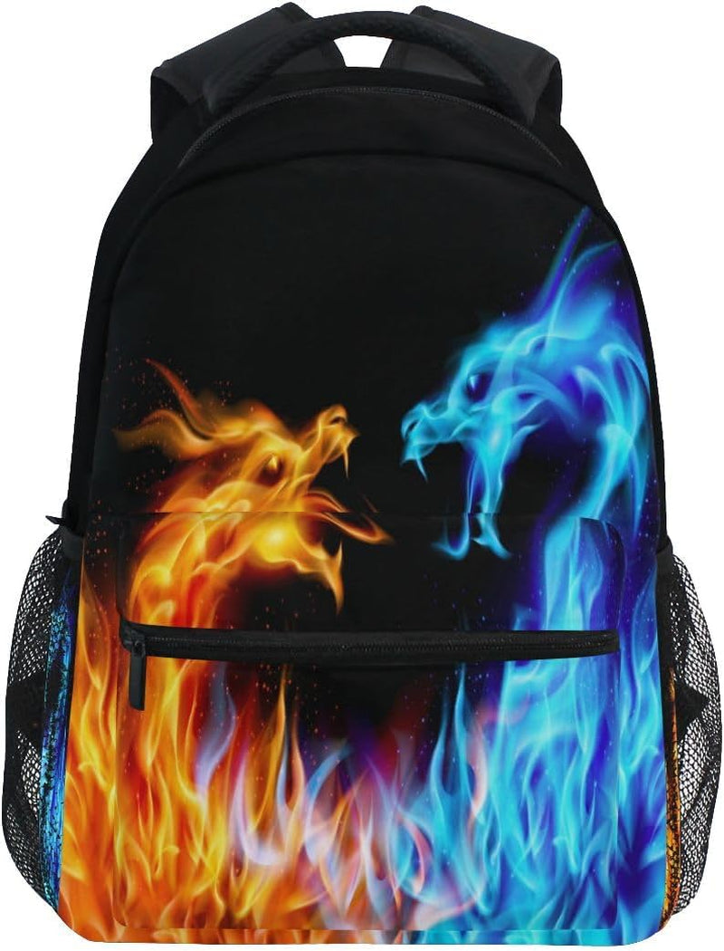Red Blue Fire Dragon School Backpack Galaxy Teens Girls Boys Kids Bookbag, Monster Animal Water Resistant Elementary Travel Computer Daypack for Age 4-12 Years