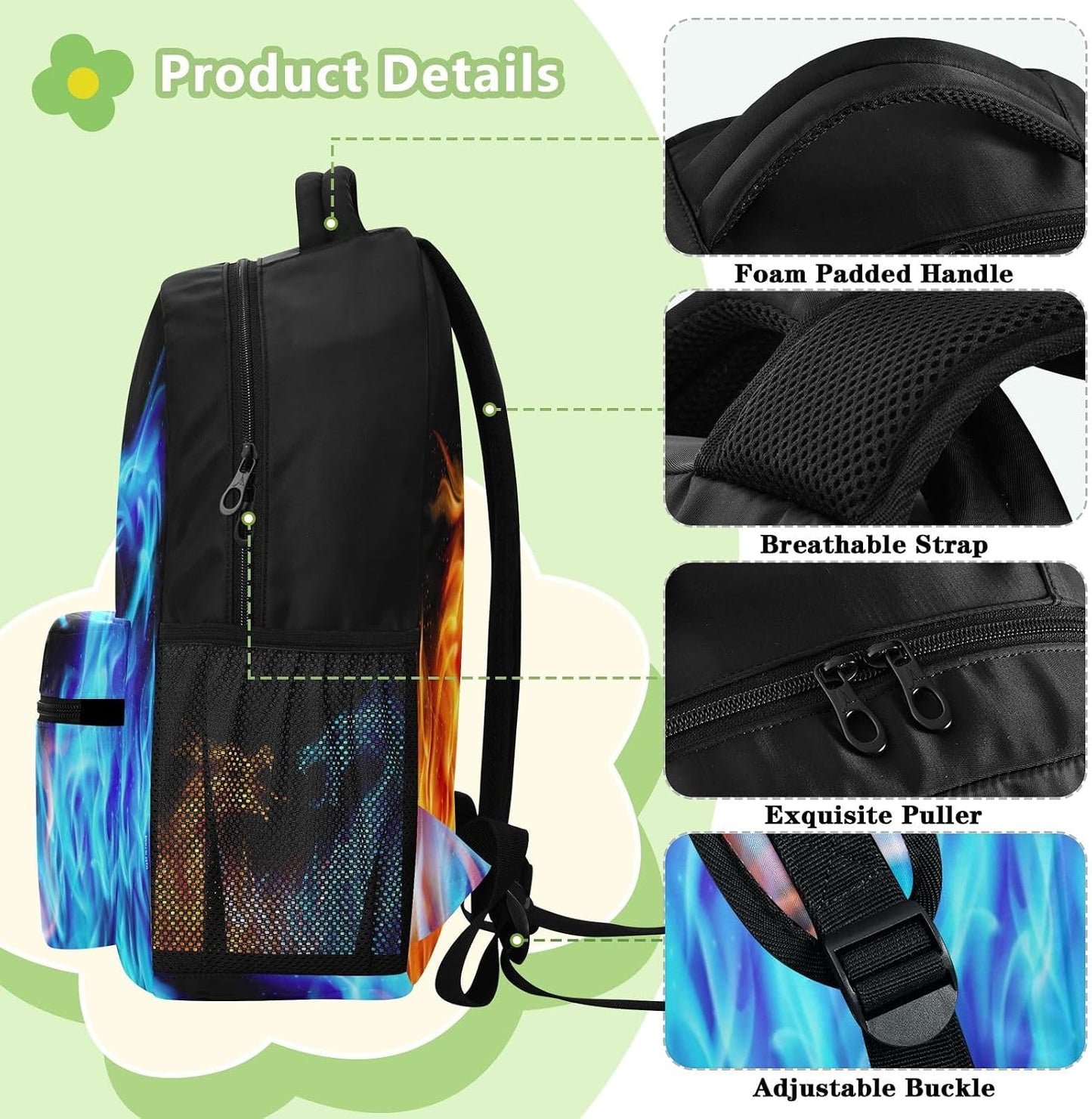 Red Blue Fire Dragon School Backpack Galaxy Teens Girls Boys Kids Bookbag, Monster Animal Water Resistant Elementary Travel Computer Daypack for Age 4-12 Years