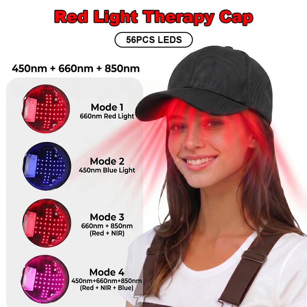450Nm 660Nm 850Nm 56PCS LEDS Red Light Therapy Cap for Hair Growth Scalp Care Hair Wellness Beauty Portable Hat